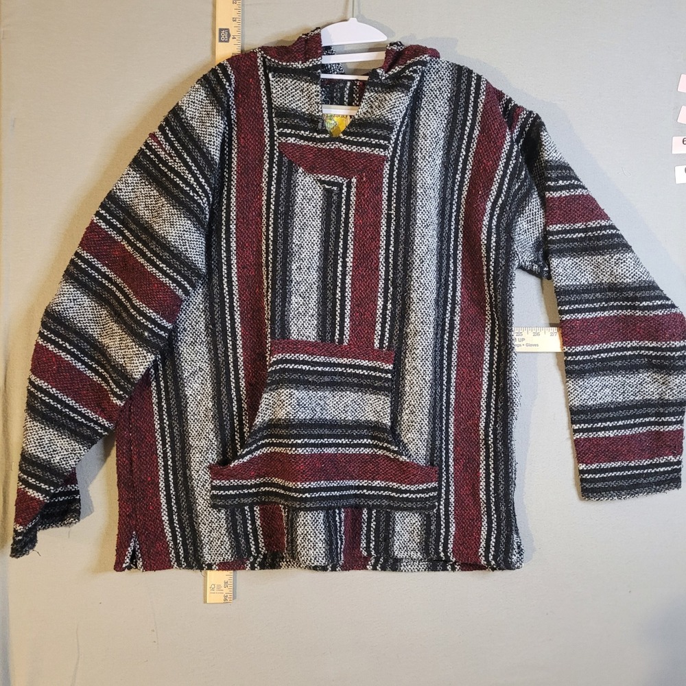 Iguana Jack Earth Ragz Baja‎ Hoodie XL Burgundy Black Striped Mexican Rug